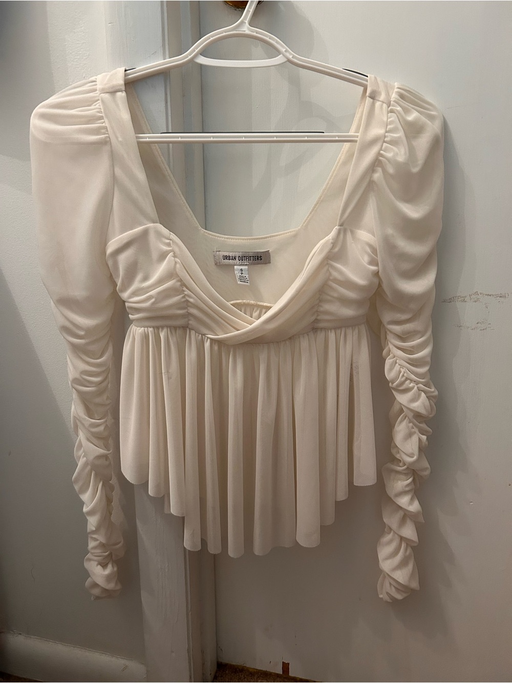 Urban Outfitters Cream Long Sleeve Top with Ruched Sleeves